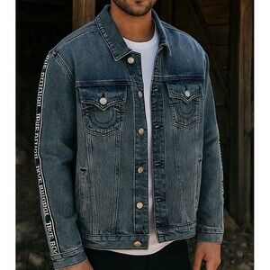 True Religion Denim Trucker Jacket Men's L Medium Wash Tape Logo NEW MSRP$179
